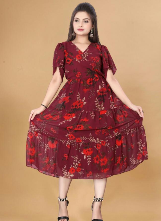 Georgette Maroon Casual Wear Printed Readymade Gown